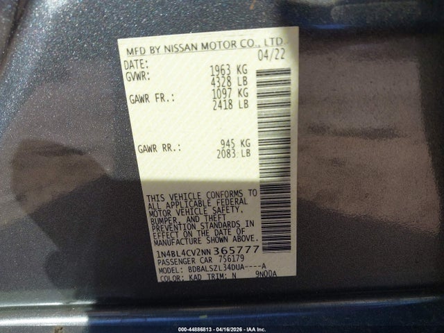 1N4BL4CV2NN365777 Nissan Altima Sr Fwd