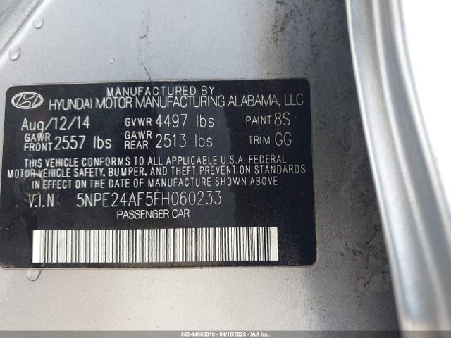 Продажа на аукционе авто 2015 Hyundai Sonata Se, vin: 5NPE24AF5FH060233, номер лота: 44886818