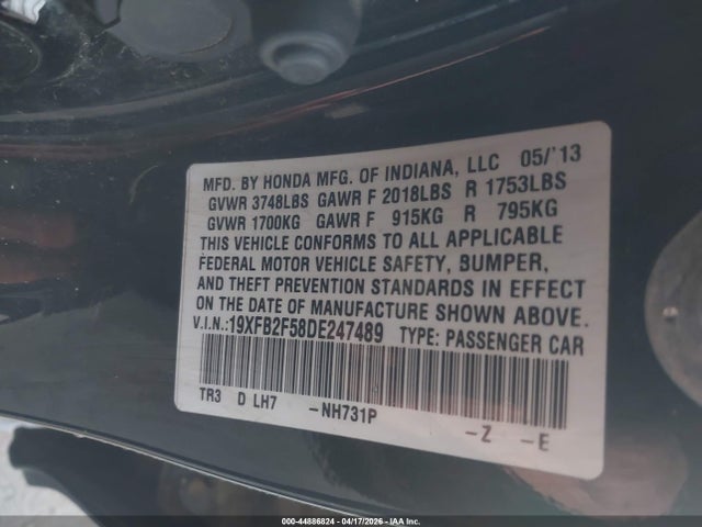 Продаж на аукціоні авто 2013 Honda Civic Lx, vin: 19XFB2F58DE247489, номер лоту: 44886824