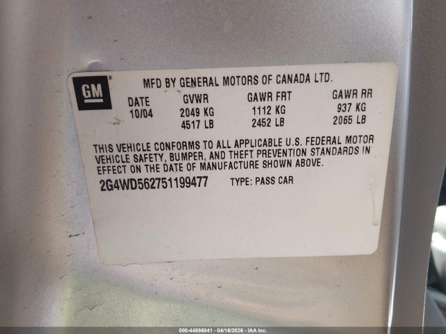 44886841 :رقم المزاد ، 2G4WD562751199477 vin ، 2005 Buick Lacrosse Cxl مزاد بيع