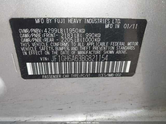 Продаж на аукціоні авто 2011 Subaru Impreza 2.5i, vin: JF1GH6A63BG821154, номер лоту: 44886851