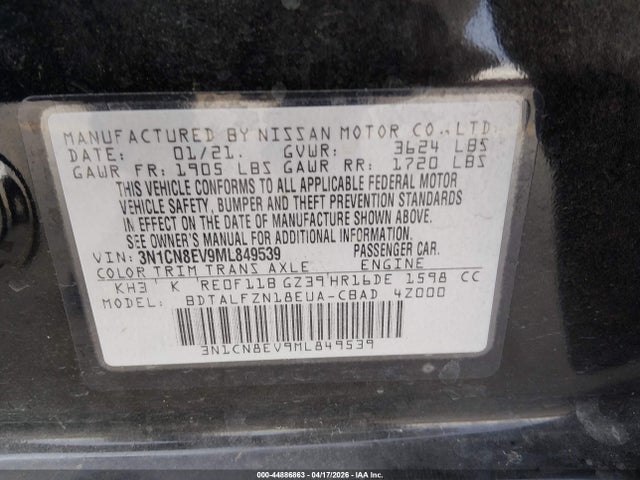 Aukcja sprzedaży 2021 Nissan Versa Sv Xtronic Cvt, vin: 3N1CN8EV9ML849539, numer aukcji: 44886863