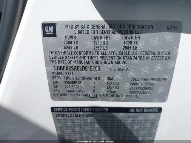 44886865 :رقم المزاد ، LRBFX2SA0LD015200 vin ، 2020 Buick Envision Awd Essence مزاد بيع