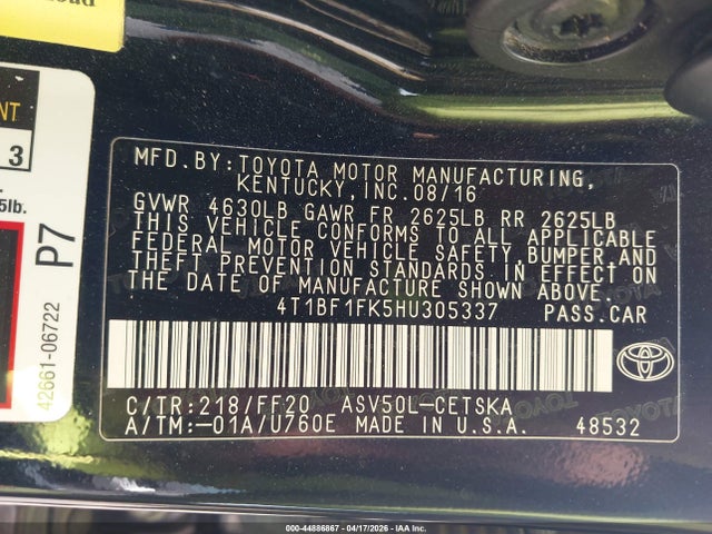 Продаж на аукціоні авто 2017 Toyota Camry Se, vin: 4T1BF1FK5HU305337, номер лоту: 44886867