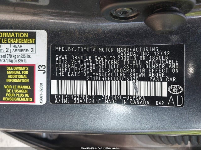 Aukcja sprzedaży 2013 Toyota Corolla S, vin: 2T1BU4EE0DC015120, numer aukcji: 44886883