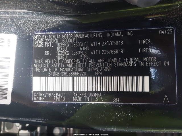 44886888 :رقم المزاد ، 5TDKBRCH9SS666220 vin ، 2025 Toyota Highlander Hybrid Xle مزاد بيع