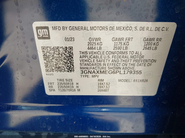 Продажа на аукционе авто 2023 Chevrolet Equinox Fwd Rs, vin: 3GNAXMEG6PL179355, номер лота: 44886893