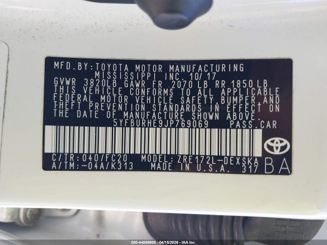 Toyota COROLLA SE 2018 5YFBURHE9JP769069 Image 9