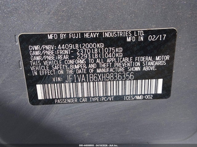 JF1VA1B6XH9836356 Subaru WRX