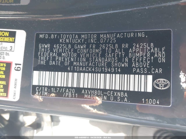 Aukcja sprzedaży 2025 Toyota Camry Le, vin: 4T1DAACK4SU194914, numer aukcji: 44886914
