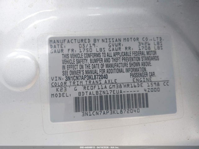 3N1CN7AP3KL872040 Nissan Versa 1.6 Sv
