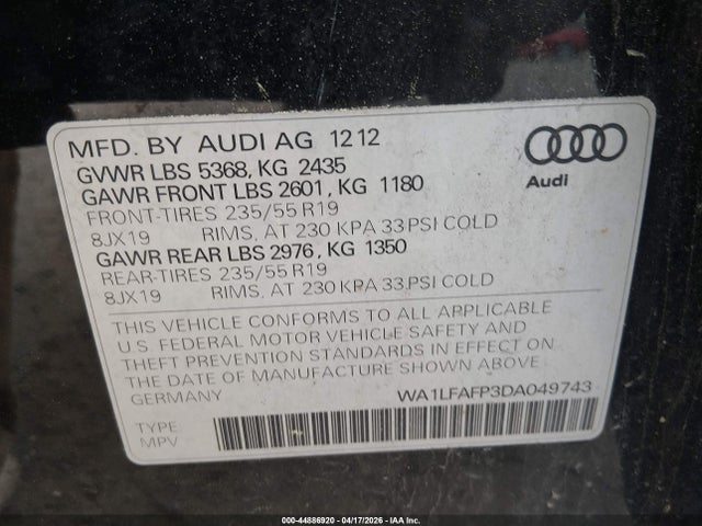 Продаж на аукціоні авто 2013 Audi Q5 2.0t Premium, vin: WA1LFAFP3DA049743, номер лоту: 44886920