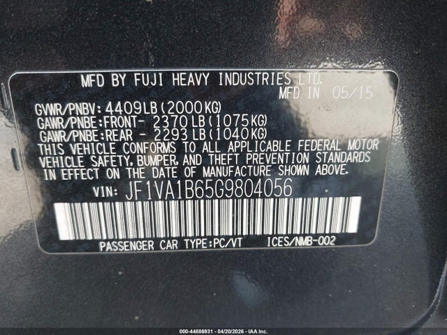 44886931 :رقم المزاد ، JF1VA1B65G9804056 vin ، 2016 Subaru Wrx مزاد بيع