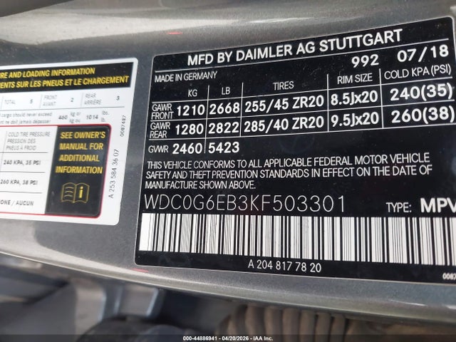 Продажа на аукционе авто 2019 Mercedes-benz Amg Glc 43 4matic, vin: WDC0G6EB3KF503301, номер лота: 44886941
