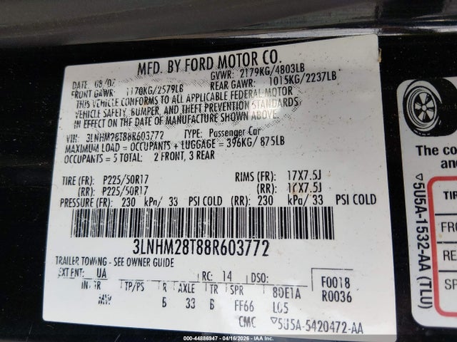 Продажа на аукционе авто 2008 Lincoln Mkz, vin: 3LNHM28T88R603772, номер лота: 44886947