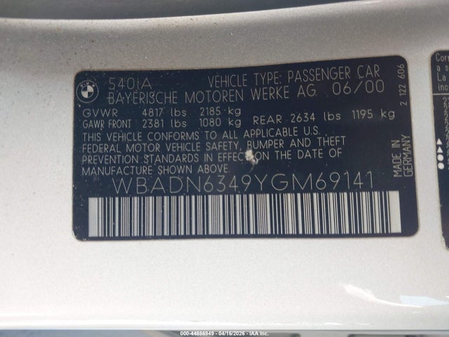 Продажа на аукционе авто 2000 Bmw 540ia, vin: WBADN6349YGM69141, номер лота: 44886949