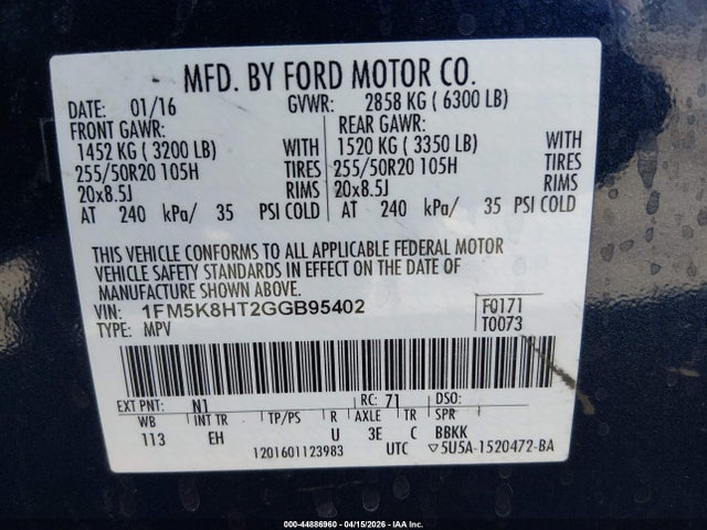 Ford Explorer Platinum 2016 1FM5K8HT2GGB95402 Image 9