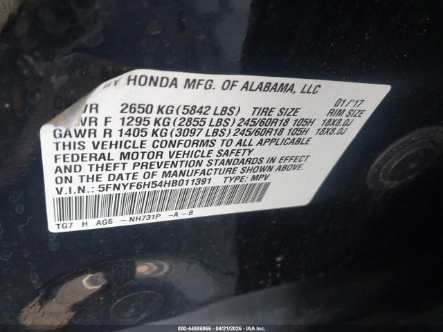 5FNYF6H54HB011391 Honda Pilot Ex-l