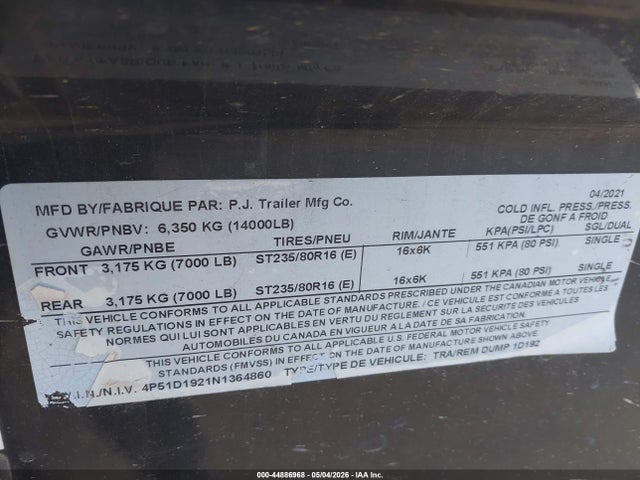 Продаж на аукціоні авто 2022 Pj Trailers Unknown, vin: 4P51D1921N1364860, номер лоту: 44886968