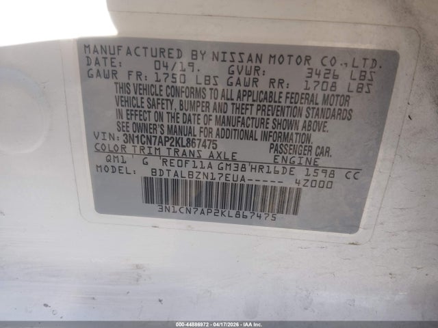 Aukcja sprzedaży 2019 Nissan Versa 1.6 Sv, vin: 3N1CN7AP2KL867475, numer aukcji: 44886972