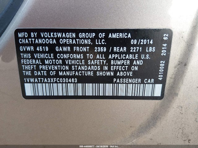 2015 Volkswagen Passat 1.8t Wolfsburg Edition მანქანა იყიდება აუქციონზე, vin: 1VWAT7A3XFC030463, აუქციონის ნომერი: 44886977