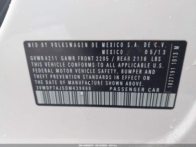 44886978 :رقم المزاد ، 3VWDP7AJ5DM439868 vin ، 2013 Volkswagen Jetta 2.5l Se مزاد بيع