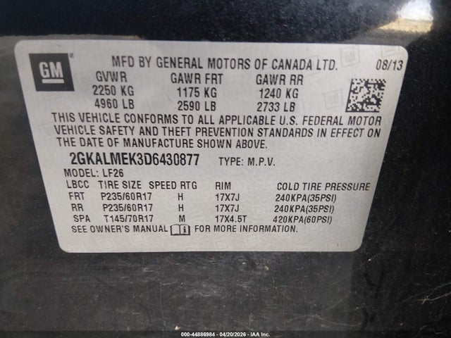 Aukcja sprzedaży 2013 Gmc Terrain Sle-1, vin: 2GKALMEK3D6430877, numer aukcji: 44886984
