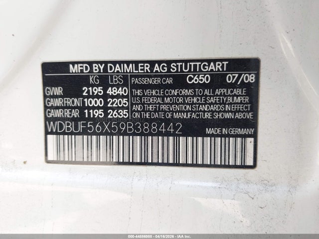 Aukcja sprzedaży 2009 Mercedes-benz E 350, vin: WDBUF56X59B388442, numer aukcji: 44886988