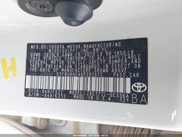 2016 Toyota Corolla S Plus მანქანა იყიდება აუქციონზე, vin: 5YFBURHE4GP392675, აუქციონის ნომერი: 44886998