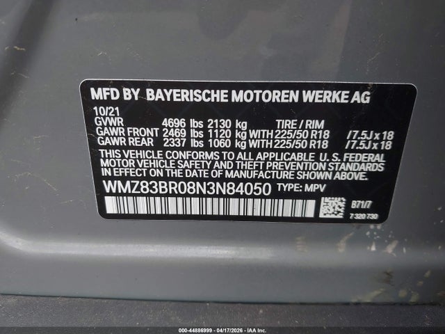 44886999 :رقم المزاد ، WMZ83BR08N3N84050 vin ، 2022 Mini Countryman Cooper S مزاد بيع