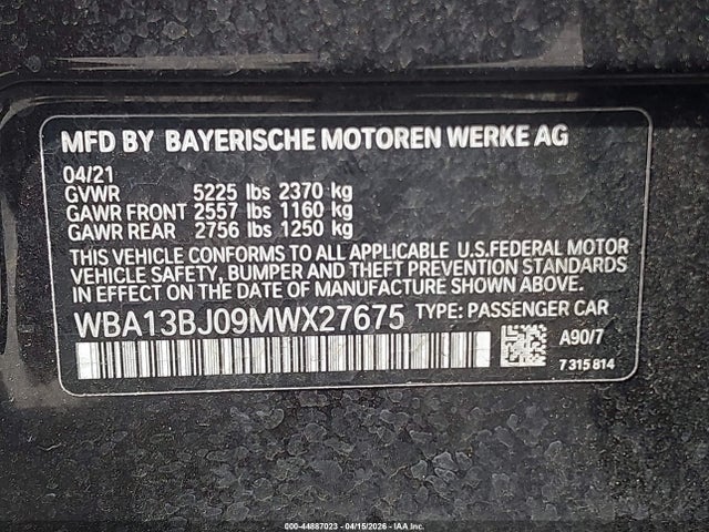 2021 Bmw 530i Xdrive მანქანა იყიდება აუქციონზე, vin: WBA13BJ09MWX27675, აუქციონის ნომერი: 44887023