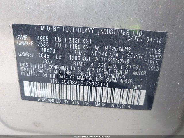 44887040 :رقم المزاد ، 4S4BSALC1F3323474 vin ، 2015 Subaru Outback 2.5i Limited مزاد بيع