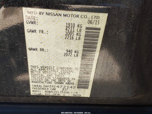Продаж на аукціоні авто 2015 Nissan Altima 2.5 Sv, vin: 1N4AL3AP2FC472142, номер лоту: 44887044