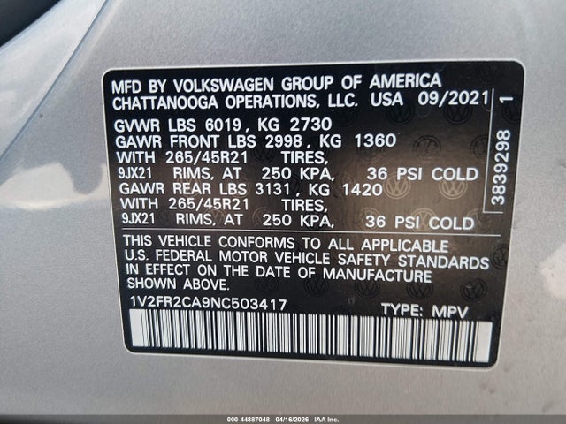 Auction sale of the 2022 Volkswagen Atlas 3.6l V6 Sel Premium R-line, vin: 1V2FR2CA9NC503417, lot number: 44887048
