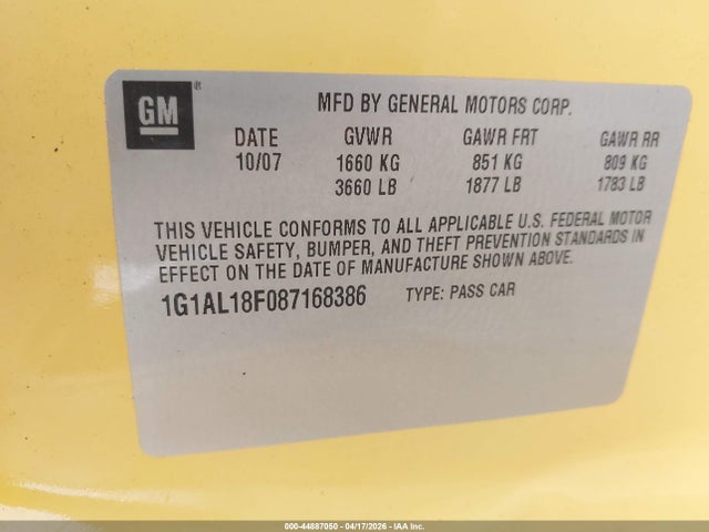 44887050 :رقم المزاد ، 1G1AL18F087168386 vin ، 2008 Chevrolet Cobalt Lt مزاد بيع