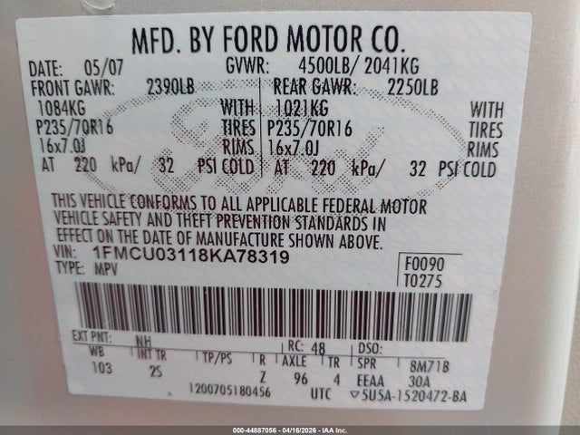 44887056 :رقم المزاد ، 1FMCU03118KA78319 vin ، 2008 Ford Escape Xlt مزاد بيع