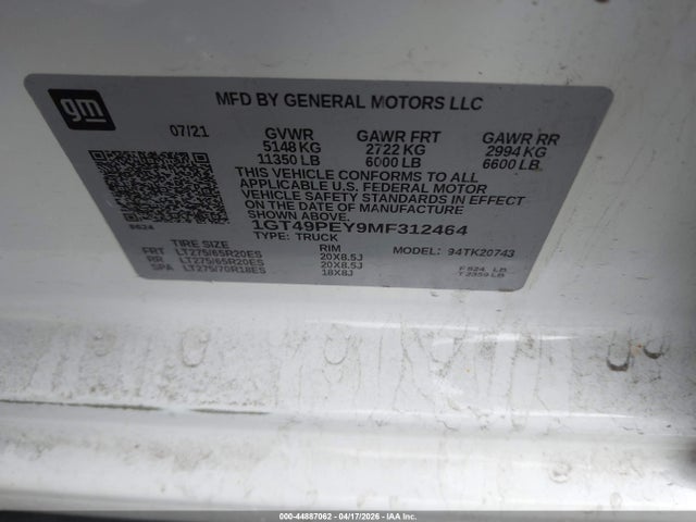 Продаж на аукціоні авто 2021 Gmc Sierra 2500hd 4wd  Standard Bed At4, vin: 1GT49PEY9MF312464, номер лоту: 44887062