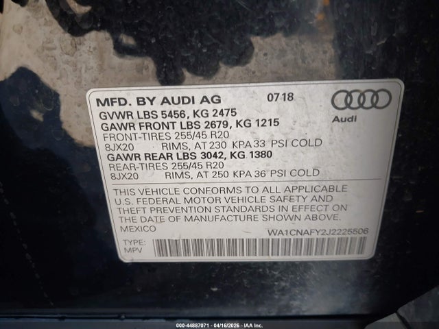 Продаж на аукціоні авто 2018 Audi Q5 2.0t Premium, vin: WA1CNAFY2J2225506, номер лоту: 44887071