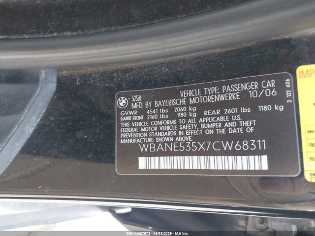 Продаж на аукціоні авто 2007 Bmw 525i, vin: WBANE535X7CW68311, номер лоту: 44887073