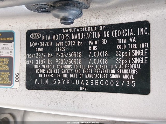 44887076 :رقم المزاد ، 5XYKUDA29BG002735 vin ، 2011 Kia Sorento Ex V6 مزاد بيع