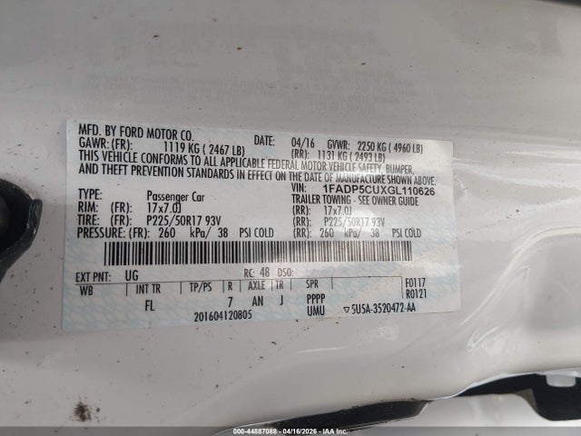 44887088 :رقم المزاد ، 1FADP5CUXGL110626 vin ، 2016 Ford C-max Energi Sel مزاد بيع