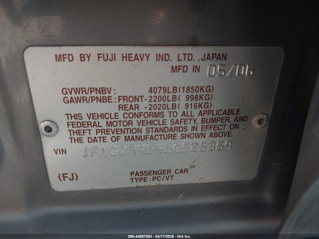 2006 Subaru Impreza Wrx მანქანა იყიდება აუქციონზე, vin: JF1GD79646G525359, აუქციონის ნომერი: 44887093