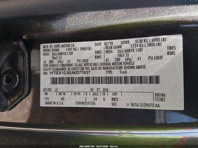 Aukcja sprzedaży 2018 Ford F-150 Xlt, vin: 1FTEX1C55JKD77637, numer aukcji: 44887108
