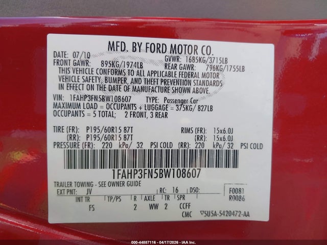 Продажа на аукционе авто 2011 Ford Focus Se, vin: 1FAHP3FN5BW108607, номер лота: 44887116