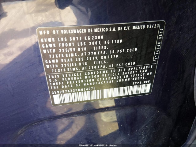 Aukcja sprzedaży 2023 Volkswagen Tiguan 2.0t Se, vin: 3VV2B7AX3PM074075, numer aukcji: 44887123