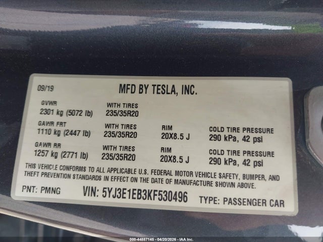 Продаж на аукціоні авто 2019 Tesla Model 3 Long Range/performance, vin: 5YJ3E1EB3KF530496, номер лоту: 44887145