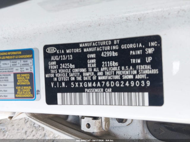2013 Kia Optima Lx მანქანა იყიდება აუქციონზე, vin: 5XXGM4A76DG249039, აუქციონის ნომერი: 44887147