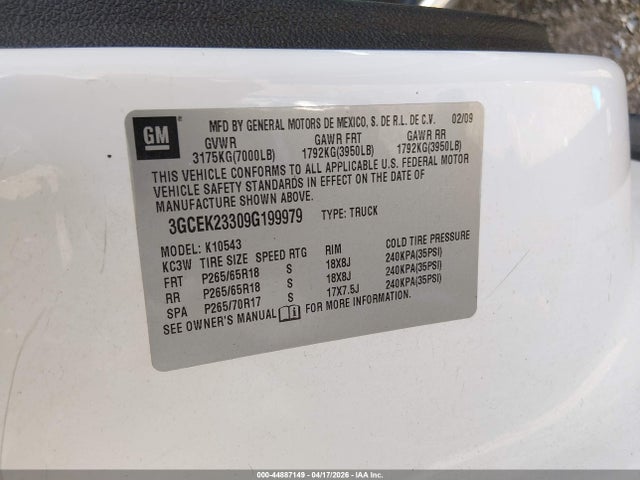 Aukcja sprzedaży 2009 Chevrolet Silverado 1500 Lt, vin: 3GCEK23309G199979, numer aukcji: 44887149