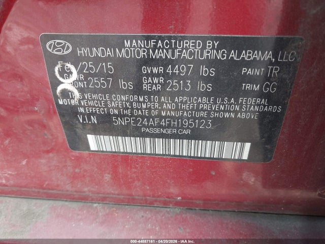 Продажа на аукционе авто 2015 Hyundai Sonata Se, vin: 5NPE24AF4FH195123, номер лота: 44887161