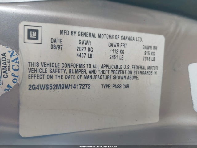 1998 Buick Century Custom მანქანა იყიდება აუქციონზე, vin: 2G4WS52M9W1417272, აუქციონის ნომერი: 44887186